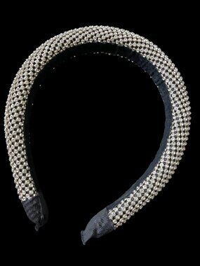 Vintage 80s Rhinestone Mesh Padded Headband Gold Tone Black 1"